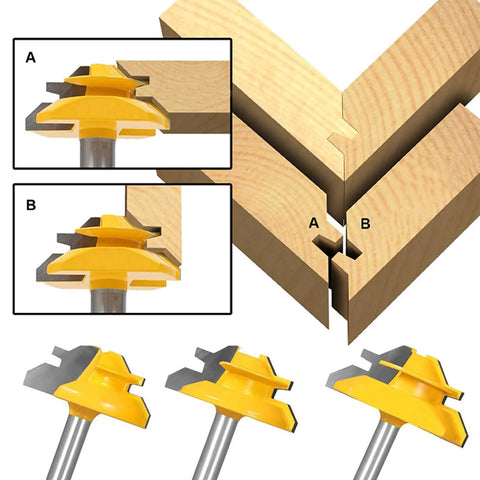 Heavy Duty 45 Degree Lock Miter Router Bit Set With Quarter Inch Shank And Auto Center Punch For Cabinet Building, showing miter cuts and router bit details.