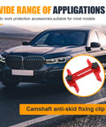 Automotive camshaft timing tool kit: red dual camshaft clamp shown in inset beside a black car front.