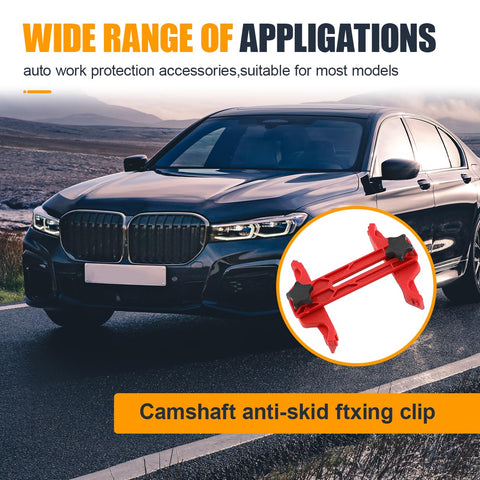 Automotive camshaft timing tool kit: red dual camshaft clamp shown in inset beside a black car front.