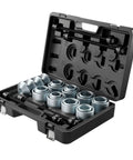 Open case showing Pull and Press Sleeve Kit, 28 Piece Set, Heavy Duty Steel Bush Removal and Insertion Sleeves With Carrying Case