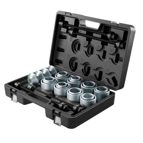 Open case showing Pull and Press Sleeve Kit, 28 Piece Set, Heavy Duty Steel Bush Removal and Insertion Sleeves With Carrying Case