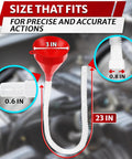 Long 23 Inch Wide 3 Inch Funnel With Flexible Hose For Transmission Fluid And Engine Oil Reaches Deep Dipstick Tubes And Narrow Filler Necks Ideal For Engine Bay Access Also Pours Coolant And Brake Fluid For Diy Mechanics showing measurement details in front of engine bay