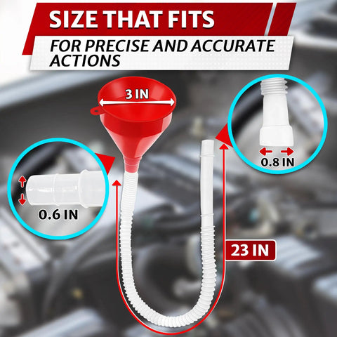Long 23 Inch Wide 3 Inch Funnel With Flexible Hose For Transmission Fluid And Engine Oil Reaches Deep Dipstick Tubes And Narrow Filler Necks Ideal For Engine Bay Access Also Pours Coolant And Brake Fluid For Diy Mechanics showing measurement details in front of engine bay