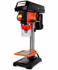 Heavy Duty 8 Inch Benchtop Drill Press Featuring A Robust 400W Induction Motor And Five Speed Settings, front view with adjustable worktable.