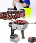 Rock Solid Cordless Automatic Pipeline Wiring Machine With Sick Six Wheel Drive For Smooth Wall Cable Pulling Fast One Button Navigation And Totally Effortless Interior Install with wire and battery visible.