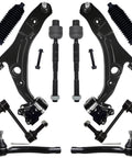 Front End Suspension Kit For Ford Edge 2007-2014 And Lincoln MKX 2007-2015 Includes 2 Lower Control Arms With Ball Joints, 2 Sway Bar Links, And 4 Tie Rod Ends Bolt-On Ready-To-Install., black steel suspension parts laid out on white background