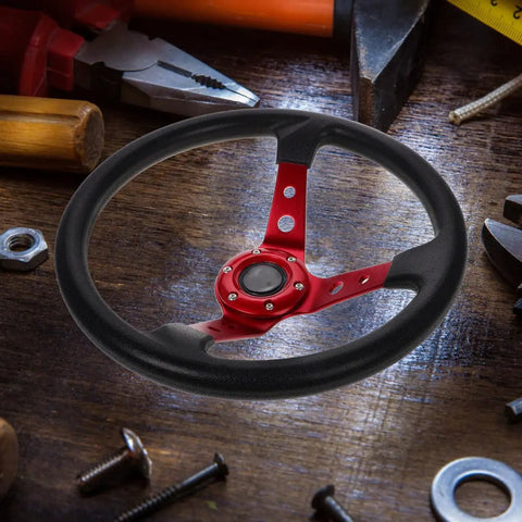 14 Inch PU Racing Steering Wheel With Horn Button for Drift Go Kart Simulator and Off Road Vehicles, red aluminum design