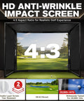 All In One 10x8ft Golf Simulator Enclosure with HD impact screen setup showing double-layer screen with 4:3 aspect ratio.