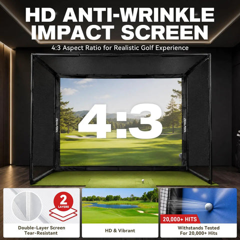 All In One 10x8ft Golf Simulator Enclosure with HD impact screen setup showing double-layer screen with 4:3 aspect ratio.