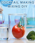 Glass Measuring Beaker Set With 3.3 Borosilicate Glass Beakers, lab setup with tomato and broccoli, 100 mL beaker with liquid.