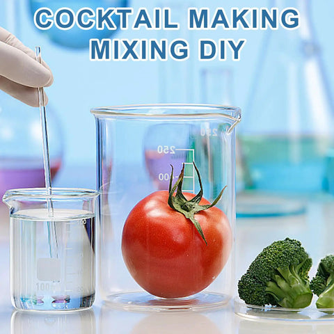 Glass Measuring Beaker Set With 3.3 Borosilicate Glass Beakers, lab setup with tomato and broccoli, 100 mL beaker with liquid.