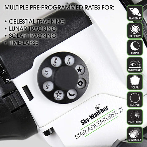 Motorized Night Sky Tracker For DSLR Cameras control dial close-up showing pre-programmed rates and Sky-Watcher branding.