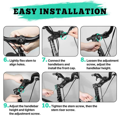 Easy installation steps of Versatile Adjustable Bike Stem Riser for 31.8mm Handlebars and 28.6mm Fork with diagrams.