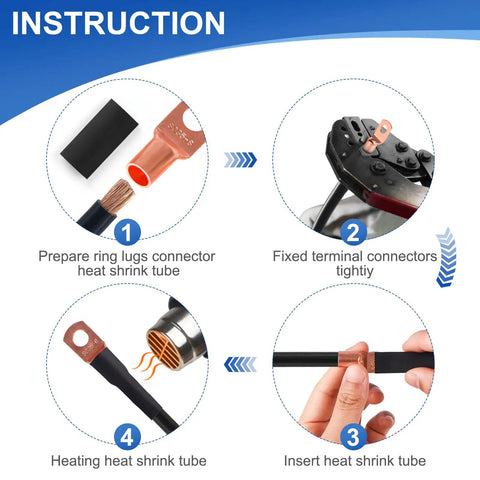 Instructions for using 150Pcs Copper Wire Lugs Battery Cable Ends Kit With Heat Shrink Set for AWG 2 to 12 Gauge, step-by-step guide.