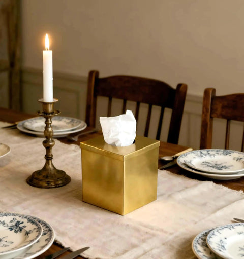 Gold Plated Tissue Box Cover Holder on dining table with candle, elegant home decor for bathroom vanity, office, bedroom, living room