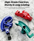 Heavy Duty Conduit Bender Head With Spring Hook Assisted Flex For 3/4 Inch 15Mm Emt Pipe Steel Rigid Metal Tube Electrical Tool Easy Bending Job, featuring blue, red, and green cast iron designs.