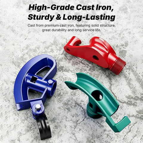 Heavy Duty Conduit Bender Head With Spring Hook Assisted Flex For 3/4 Inch 15Mm Emt Pipe Steel Rigid Metal Tube Electrical Tool Easy Bending Job, featuring blue, red, and green cast iron designs.