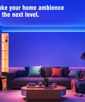 Living room with 200ft Bluetooth RGB LED Strip Lights With App Control IR Remote Dope Music Sync, blue and pink glow.