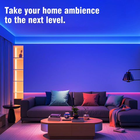 Living room with 200ft Bluetooth RGB LED Strip Lights With App Control IR Remote Dope Music Sync, blue and pink glow.