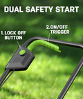 Handle of 20V Brushless Electric Lawn Mower With 13 Inch Deck 4.0Ah Battery highlighting dual safety start button and trigger.