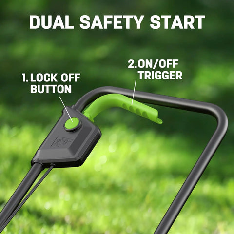Cordless 13 Inch Lawn Mower With 2x20V 4.0Ah Batteries showing dual safety start features and controls