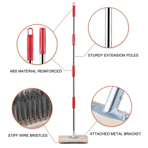Heavy Duty Wire Scrub Brush With Telescopic Handle 57-Inch showing features like stiff wire bristles and sturdy metal bracket