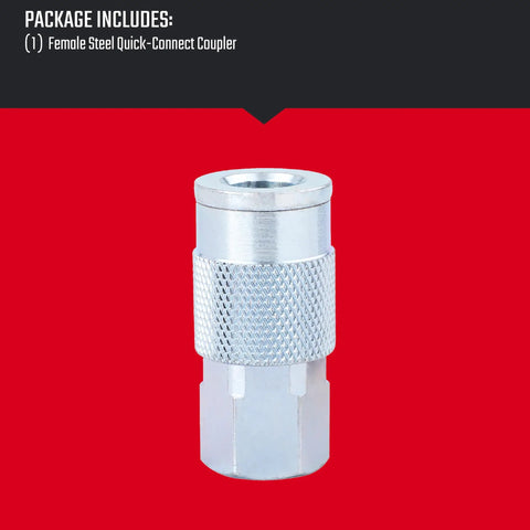 One Quarter Inch Steel NPT Female Air Hose Quick Connector Coupler With Industrial Interchange on red background