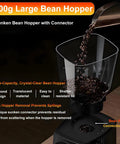 1000g Large Bean Hopper for espresso grinder with transparent design, easy cleaning, and sunken connector preventing spillage.