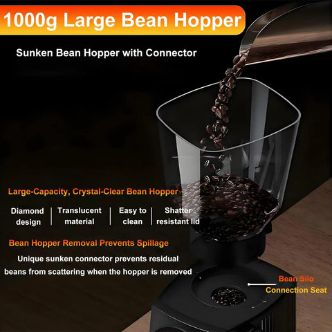 1000g Large Bean Hopper for espresso grinder with transparent design, easy cleaning, and sunken connector preventing spillage.