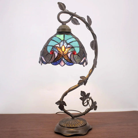 Stained Glass Tiffany Style Bedside Table Lamp With Metal Leaf Base, Cozy Reading Desk Light For Small Space Bedrooms And Home Office, Bronze Finish, 21 Inch Tall, UL Listed, On Off Cord Switch.