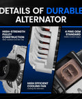 Alternator details showing high-strength pulley, efficient cooling fan, and 4 pins for Toyota Sequoia Tundra and Lexus GX460 replacement