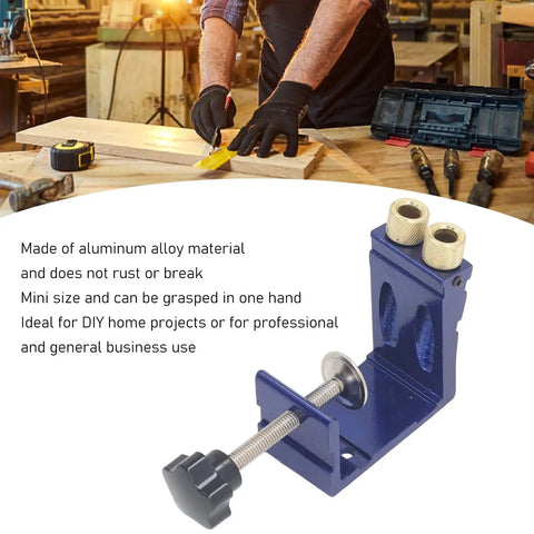 Mini Pocket Hole Jig Kit Set for Woodworking, Dowel Joint Tool and Woodworking Guides, shown with a one-handed operation, pro grade aluminum alloy.
