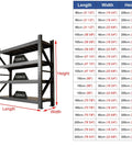 Heavy Duty Four Tier Storage Rack Straight Up Tank Tough Industrial Steel Shelving dimensions chart with load capacity markings.