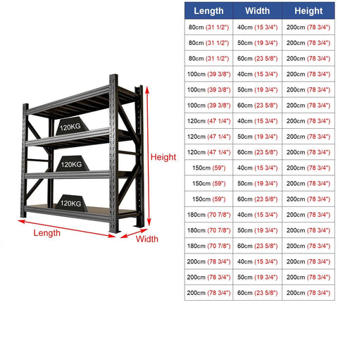Heavy Duty Four Tier Storage Rack Straight Up Tank Tough Industrial Steel Shelving dimensions chart with load capacity markings.