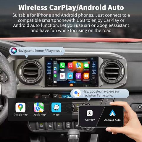 Toyota Wireless CarPlay And Android Auto Adapter Upgrades Your Ride with Entune Two Point Zero Touch Two Retrofit Kit for 2014 to 2019 Models dashboard view.