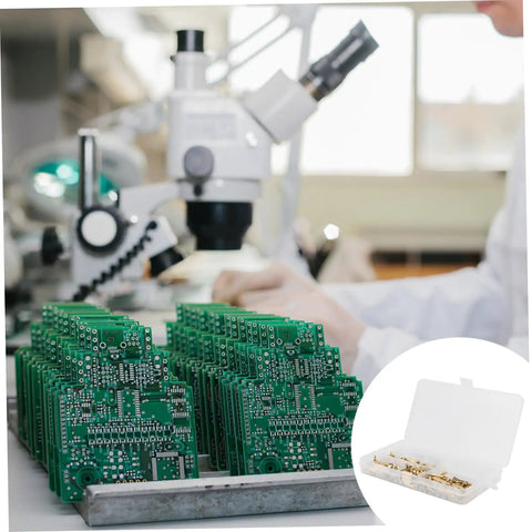 Top Shelf Brass Hexagon Column Standoff Screw And Nut Assortment Kit For Electronics And Tech Rig displayed with PCBs and microscope in workshop.