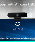 Epic 4K HD Webcam With Autofocus And Five X Digital Zoom Built Straight For Streamers And Remote Pros Featuring Rightlight 3 Auto Exposure Fix And Nailed Color Balance For Hella Crisp Video Calls mounted on a monitor, showing login with Windows Hello.