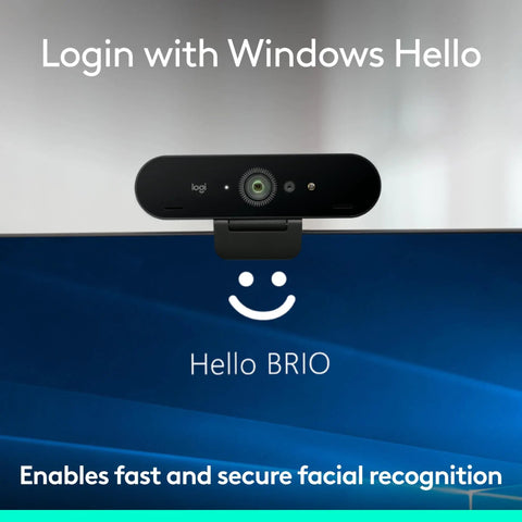 Epic 4K HD Webcam With Autofocus And Five X Digital Zoom Built Straight For Streamers And Remote Pros Featuring Rightlight 3 Auto Exposure Fix And Nailed Color Balance For Hella Crisp Video Calls mounted on a monitor, showing login with Windows Hello.