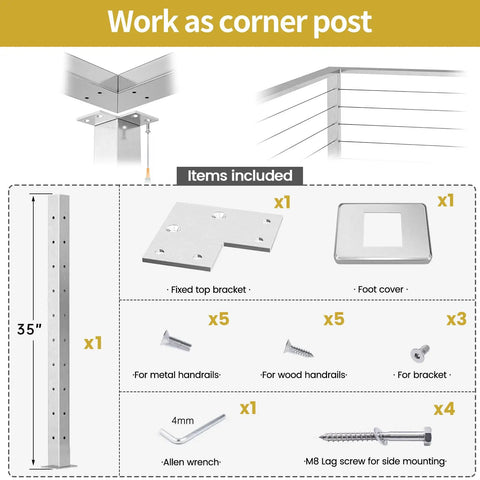 36 Inch Stainless Steel Square Cable Railing Post 2x2 with L Shape Holes for Corner Install, silver finish, items included