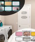 Laundry room door with Three Pack Large Vinyl Door Decals For Bathroom Laundry And Pantry Wall Decor Peel And Stick Quotes.