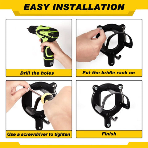Installation steps of Triple Pack Horse Bridle Rack Hook Set With Metal Bridle Hanger Brackets, showing tools and process.
