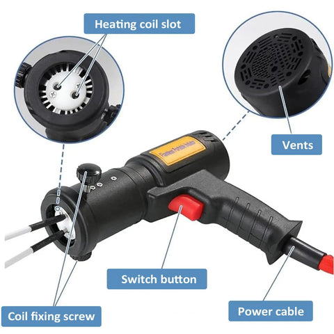 Close-up of 1500W Induction Heater Bolt Removal Tool showing heating coil slot, switch button, and power cable.