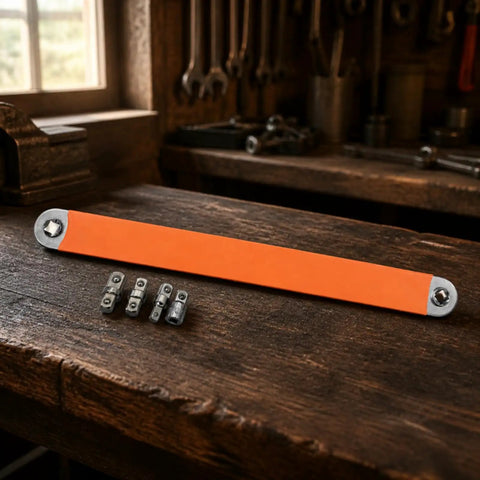 Premium Heavy Duty Offset Extension Wrench Rock Solid High Carbon Steel Construction With Interchangeable Socket Adapter For Tight Spots And Auto Repair displayed on a workbench with adapters.