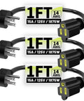 1 Ft 3 Pack Black Short Flat Plug Heavy Duty Extension Cord 14 Gauge 3 Wire Grounded Appliance Power Cable 15A 125V 1875W SJTW ETL Listed NEMA 5 15P To NEMA 5 15R
