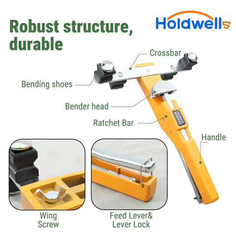 Holdwell 90 Degree Ratcheting Pipe Bender Kit showing bender head, ratchet bar, and bending shoes for HVAC and plumbing use.