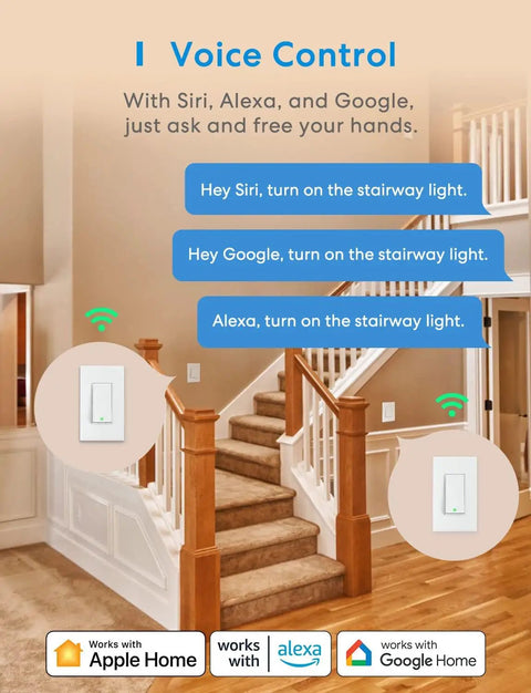 3 Way Smart Switch 1 Pack With Neutral Wire Required For Your Smart Home That Wants HomeKit Alexa Google Assistant And SmartThings Works With 2.4GHz WiFi Remote Voice Control Single Pole Or 3 Way No Hub Needed, installed on staircase wall with voice control prompts.
