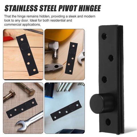 Stainless Heavy Duty Concealed Pivot Hinge For Wood Doors Matte Black Center Hung Eccentric Hinge Hardware Kit displayed with tools