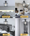 Dope Clear Glass Industrial Vintage Semi Flush Mount Ceiling Light With Lantern Cage Shade In Black Finish for various rooms.
