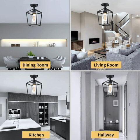 Dope Clear Glass Industrial Vintage Semi Flush Mount Ceiling Light With Lantern Cage Shade In Black Finish for various rooms.