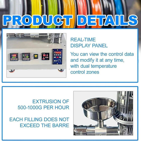 Desktop 3D Printer Filament Extruder Machine 1000W control panel displaying PID settings and extrusion rate for custom filament.